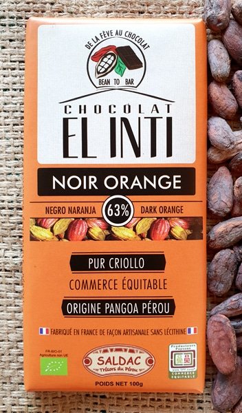 Chocolat noir 63% à l’orange 15%, sans lécithine, bio (Tablette 100g)