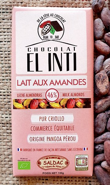 Chocolat au lait (46% cacao) et aux amandes 15%, sans lécithine, bio (Tablette 100g)