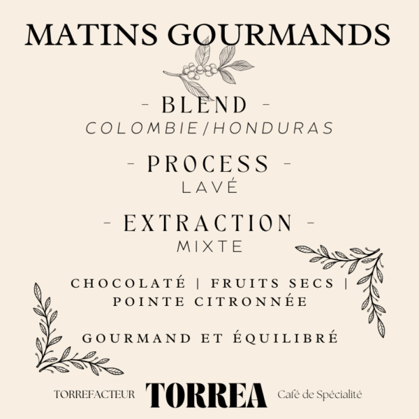 Blend Matins Gourmands - Café gourmet 50% Colombie Cauca 50% Honduras Marcala aux notes chocolatées et citronnées pour le petit-déjeuner